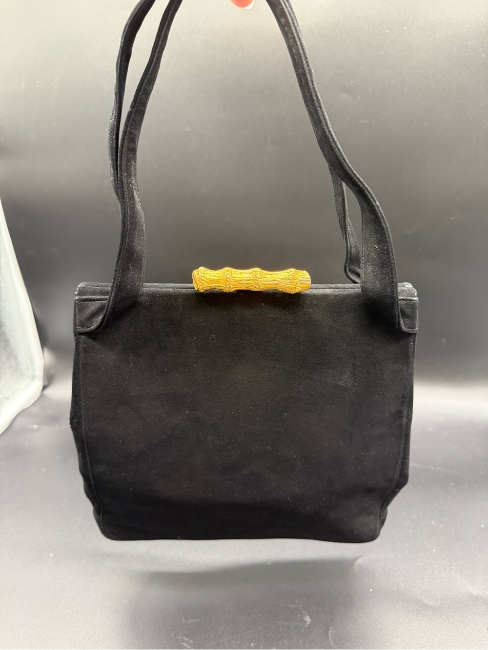 Koret Black Kid Suede Handbag Gold Tone Clasp Top Handle Purse